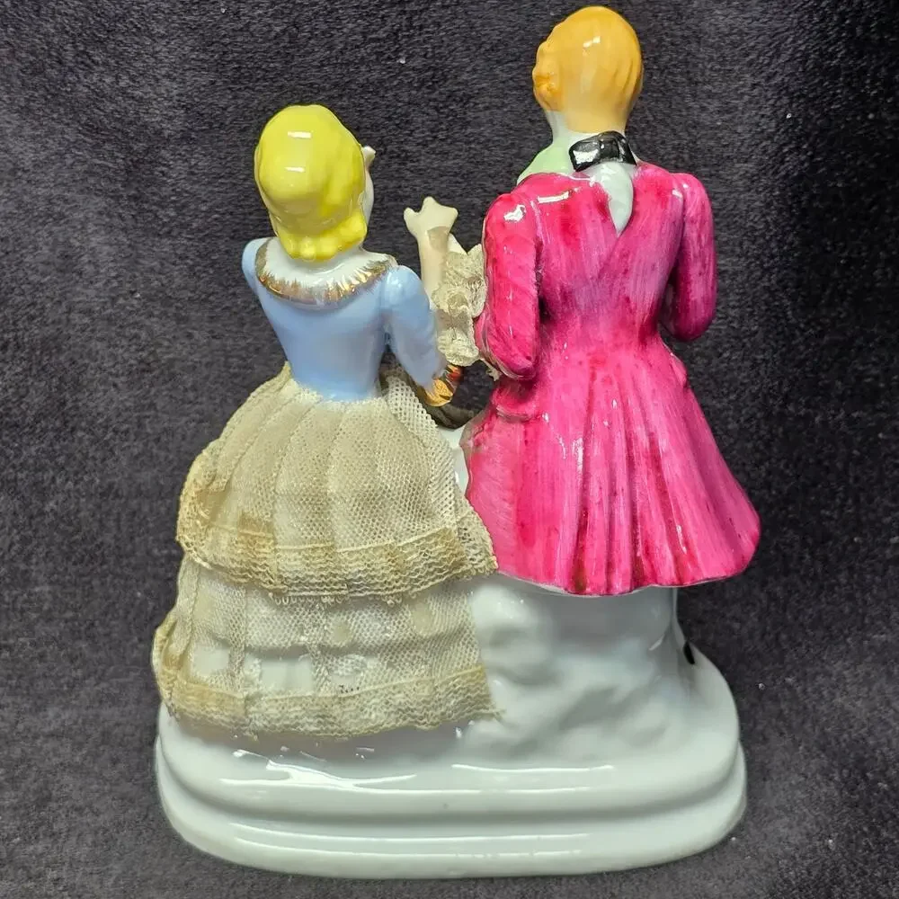 Porcelain Victorian Colonial Couple Courting Man & Women Lace Dress Figurines